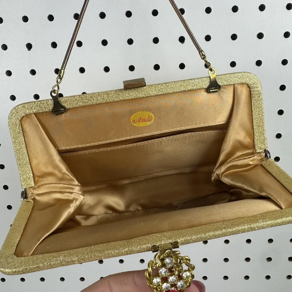 Vintage Ande Clutch Bag Womens Small Gold‎ Satin Rhinestone Formal Evening